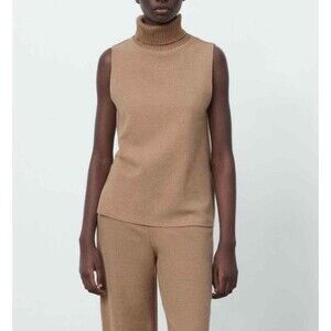 Zara Women's Tan Khaki Knit Sleeveless Turtleneck Tank Vest Sweater Top Size M